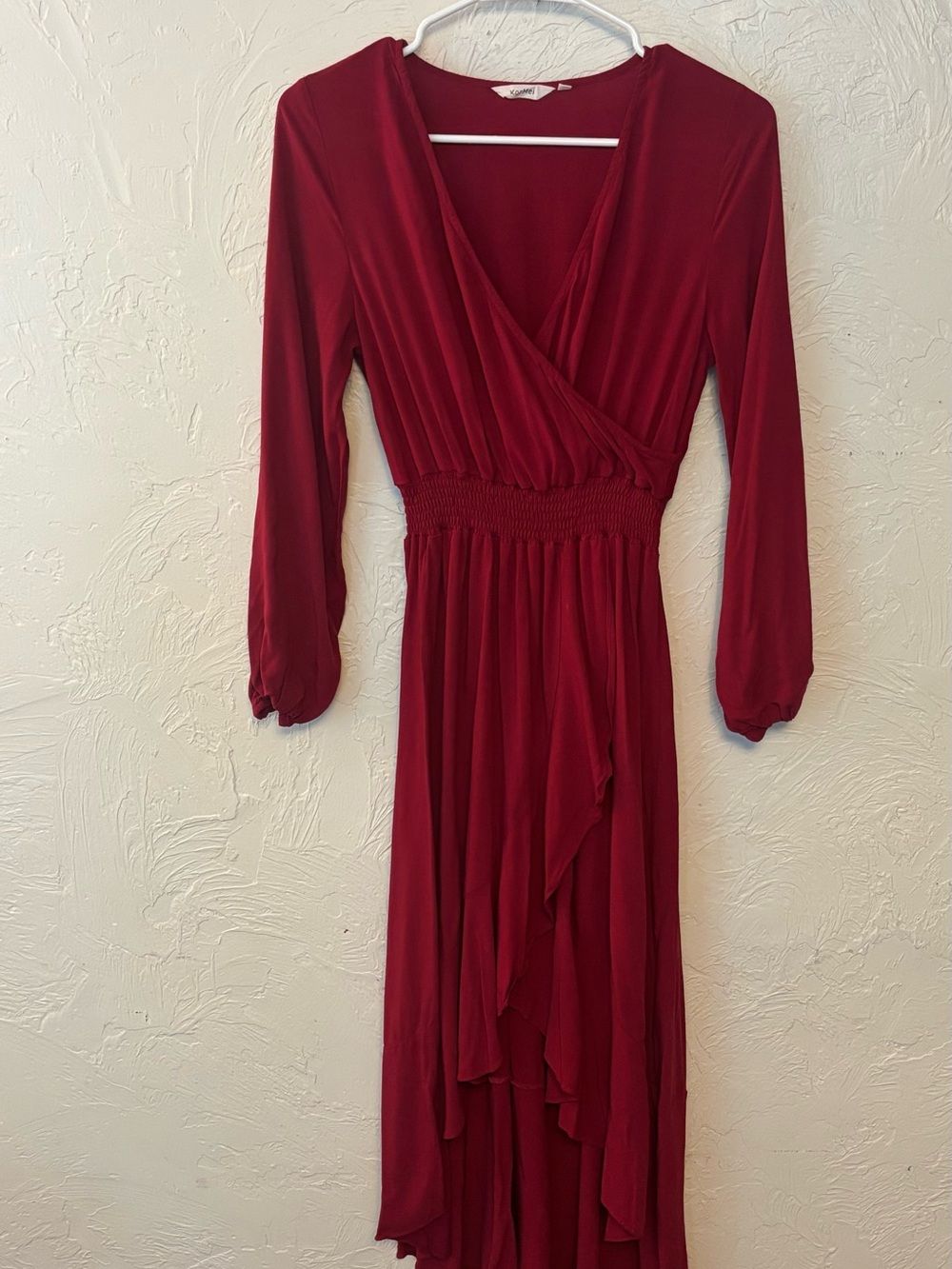 Women's Deep Red Wrap Maxi Dress with Smocked Waist